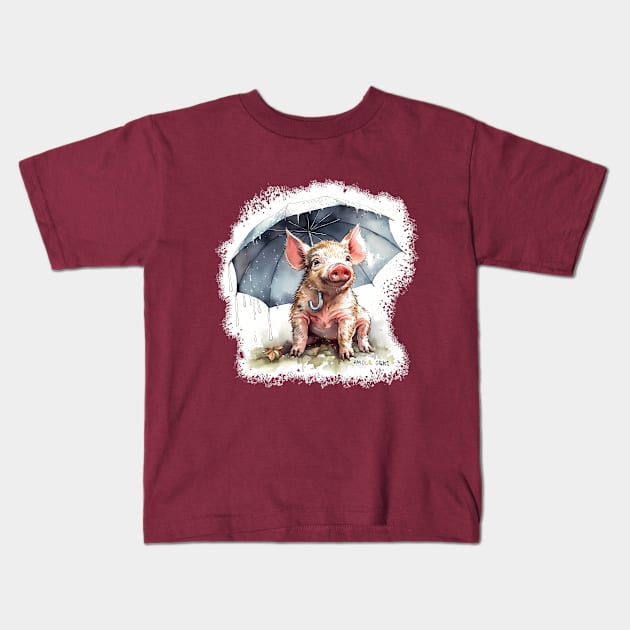 Watercolor piglet proudly standing under umbrella (´♡(oo)♡｀) Kids T-Shirt by Amour Grki